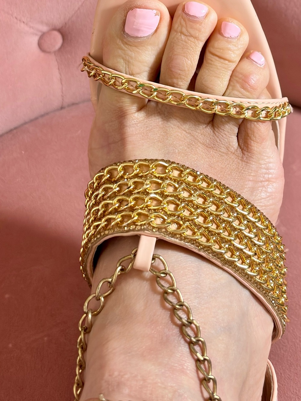 Gold Chain and Blush Pink Leather Women's Sandal